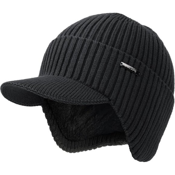 Men & Women Dark Gray Beanie with Brim and Ear Flaps Fleece-Lined Hat main image 5